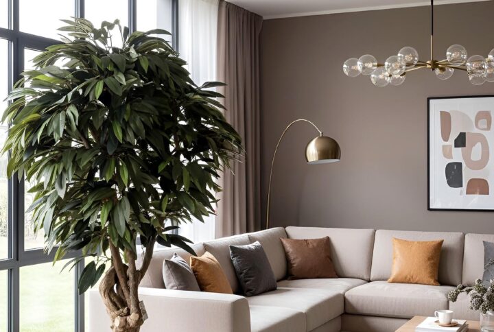 Vista frontale del Mango Artificiale in vaso – pianta decorativa posizionata accanto a un divano moderno in un soggiorno luminoso