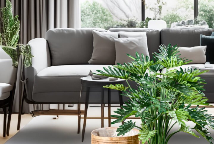 Testo alternativo: Pianta Artificiale Philodendron Selloum in un ambiente di design - La Pianta Artificiale Philodendron Selloum posizionata in un angolo di un moderno soggiorno di design, con un divano e una lampada a sospensione sullo sfondo.