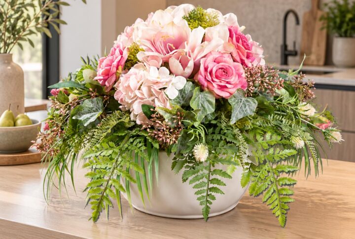 Centrotavola fiori artificiali rosa con fiori avorio, edera e felci ricadenti in vaso di ceramica bianca, su un’isola della cucina.