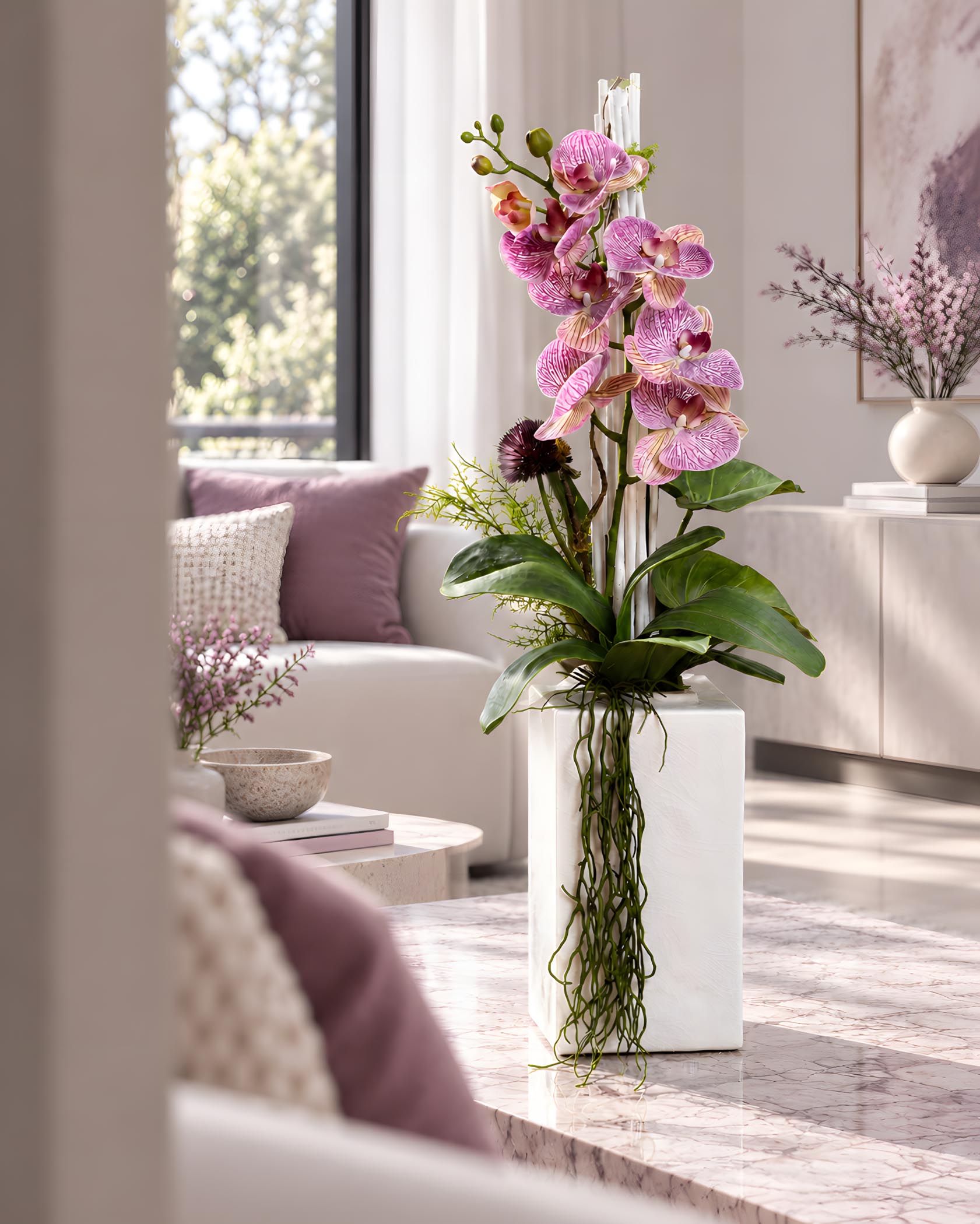 Composizione con Orchidee artificiali Arte Fiore vista ambientata