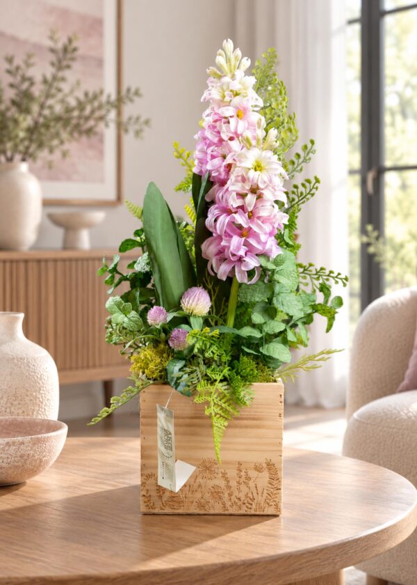 Composizione di fiori artificiali in vaso di legno con fiori rosa e bianco crema e foglie di menta, vista completa ambientata.