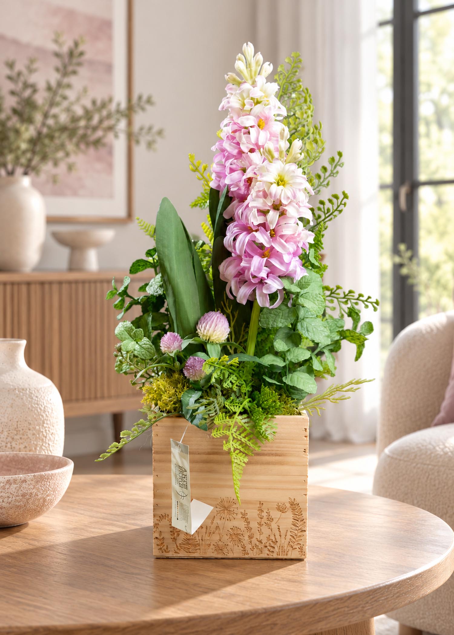 Composizione di fiori artificiali in vaso di legno Arte Fiore, vista completa