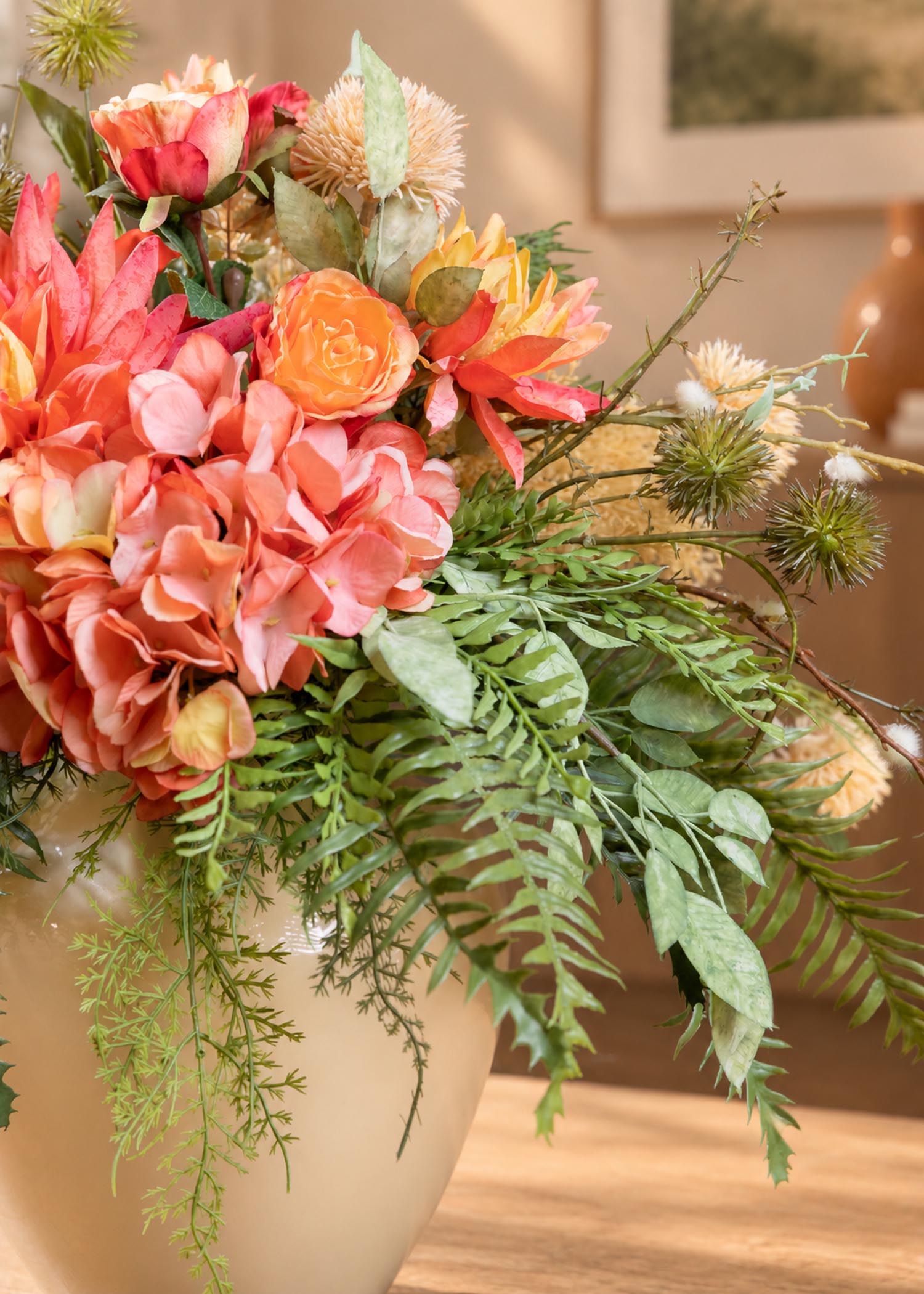 Composizione fiori artificiali arancioni Arte Fiore, dettaglio laterale