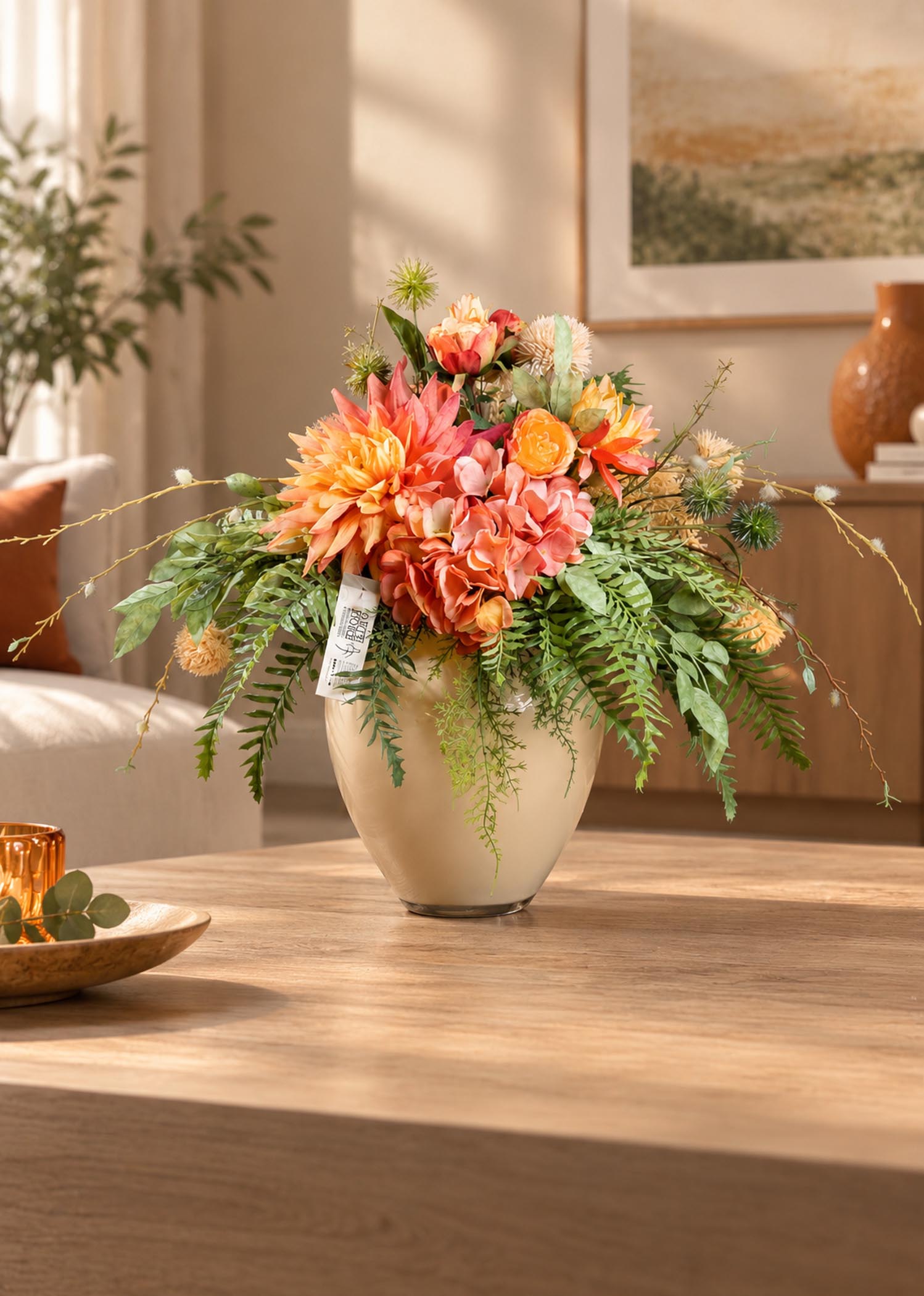Fiori arancio e corallo, primo piano della composizione Arte Fiore