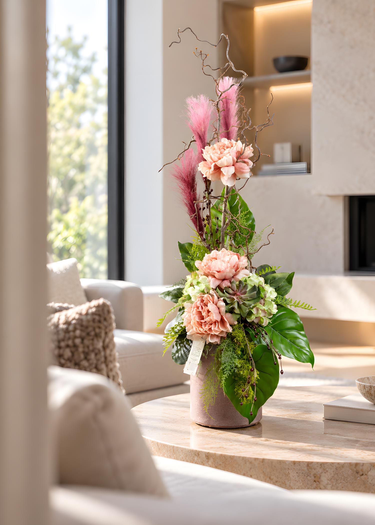 Composizione floreale artificiale rosa Arte Fiore, vista completa in soggiorno