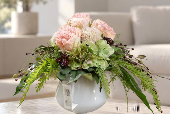 Composizione floreale in coppa di vetro con fiori rosa pastello, Ortensie verde tenue e rami ricadenti, vista completa.