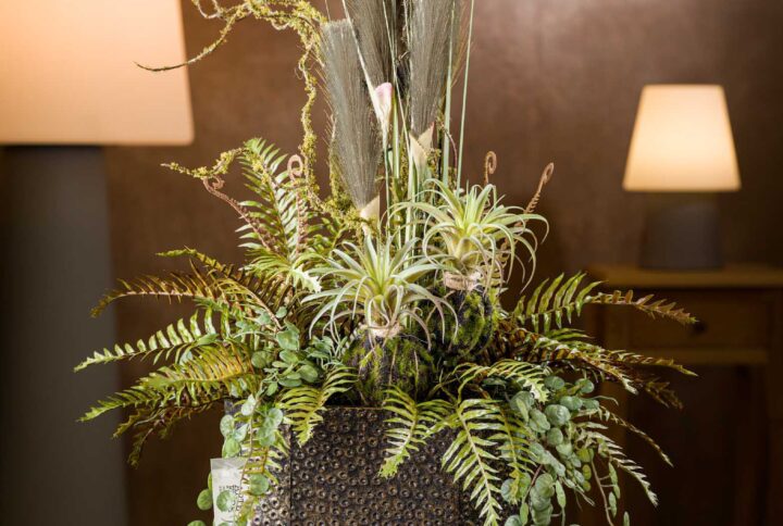 Vista frontale della pampas composizione, un elegante capolavoro floreale con fiori artificiali di alta qualità, foglie di felce e piante grasse, disposti in un vaso decorativo dal design moderno.
