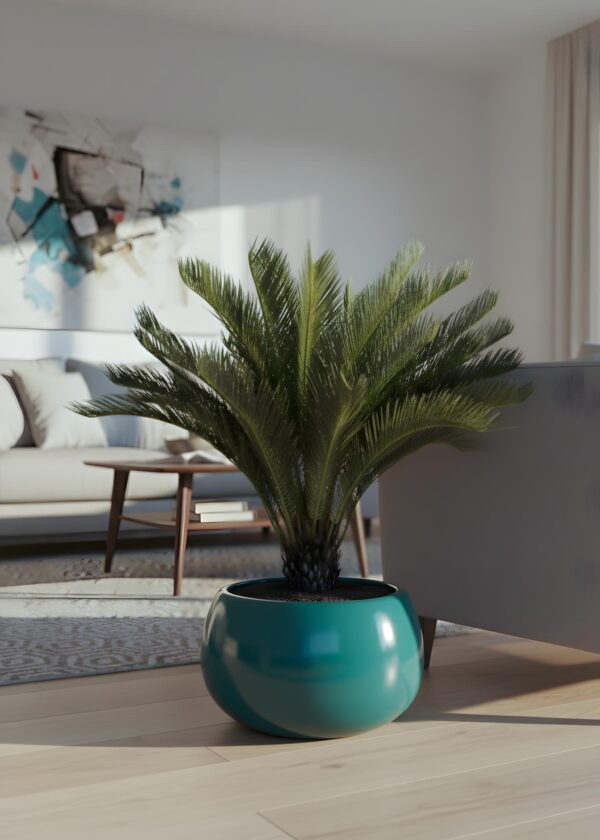 Pianta di cycas artificiale realistica in vaso moderno verde lucido, ambientata in soggiorno luminoso con arredi contemporanei