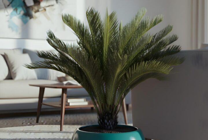 Pianta di cycas artificiale realistica in vaso moderno verde lucido, ambientata in soggiorno luminoso con arredi contemporanei