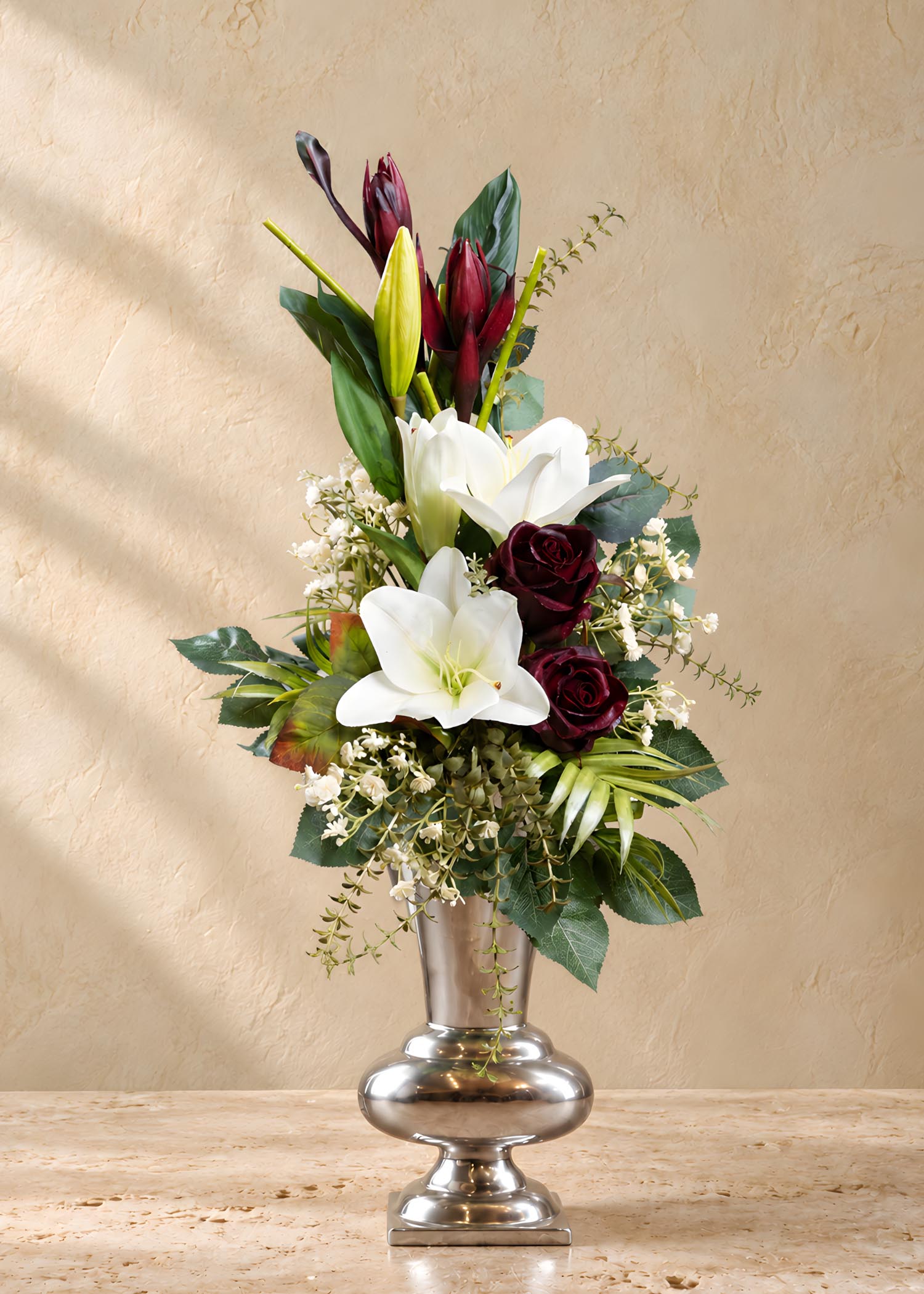 Mazzo fiori artificiali per loculo bordeaux Arte Fiore vista frontale ottobre 2026