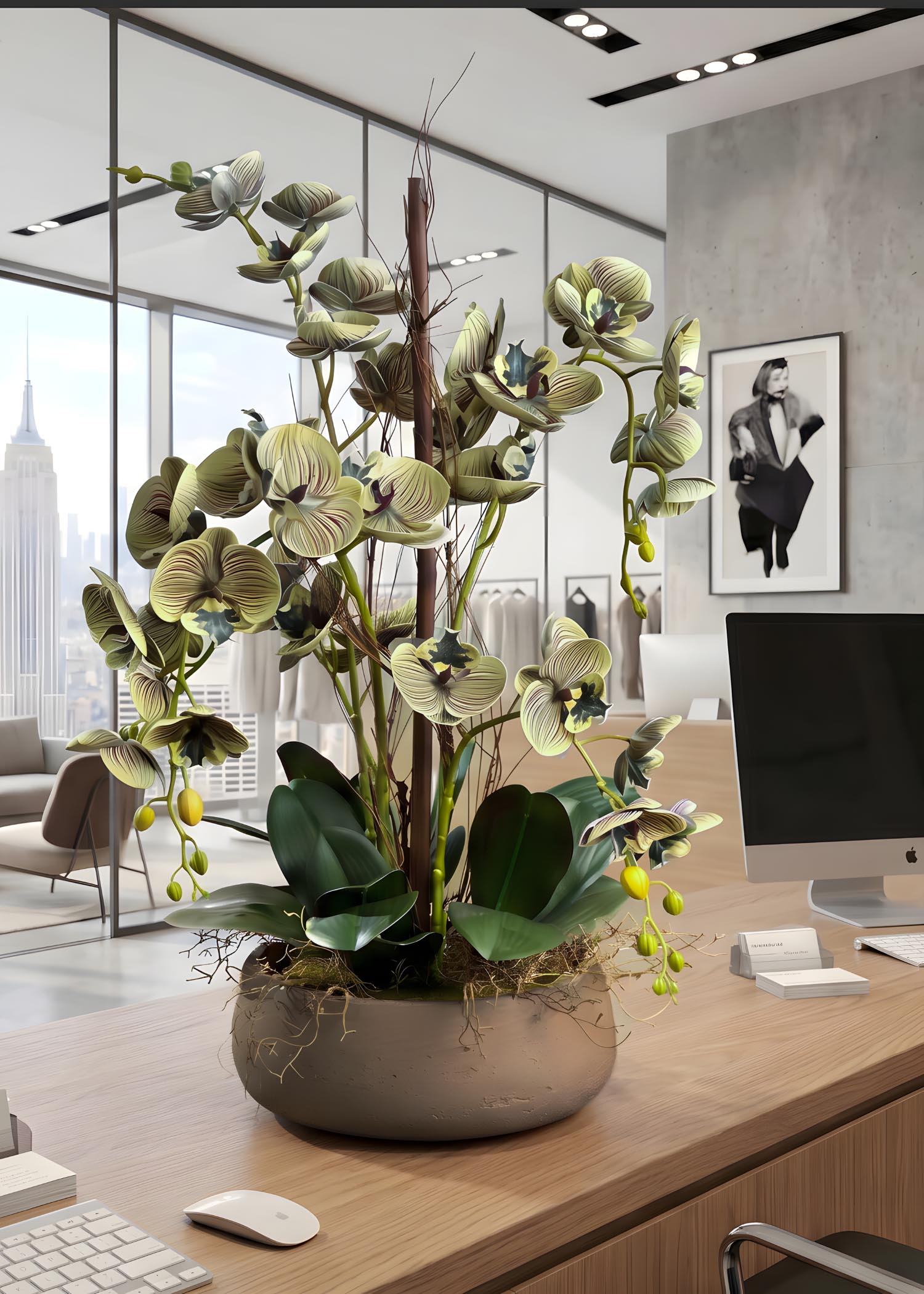 Orchidee-finte-online-Arte-Fiore-vista-frontale-ambientata-ufficio