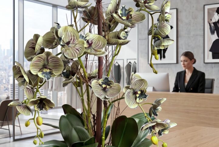 Orchidee finte online in composizione decorativa con vaso basso