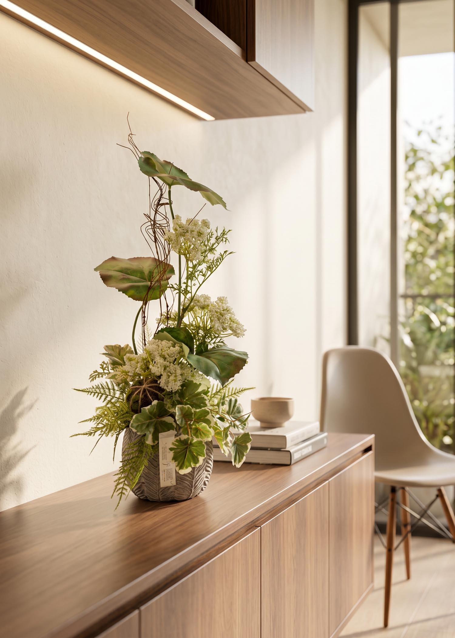 Centrotavola moderno con fiori finti in soggiorno moderno