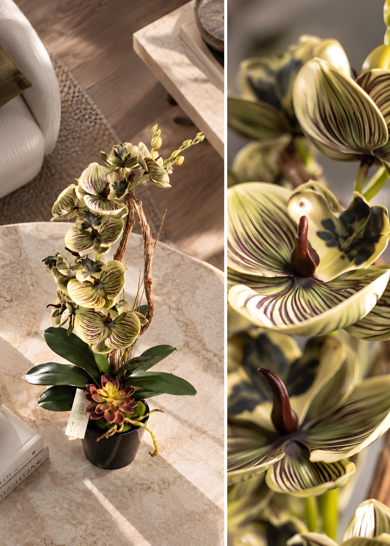Orchidea artificiale decorativa da arredo – vista dall’alto e dettaglio
