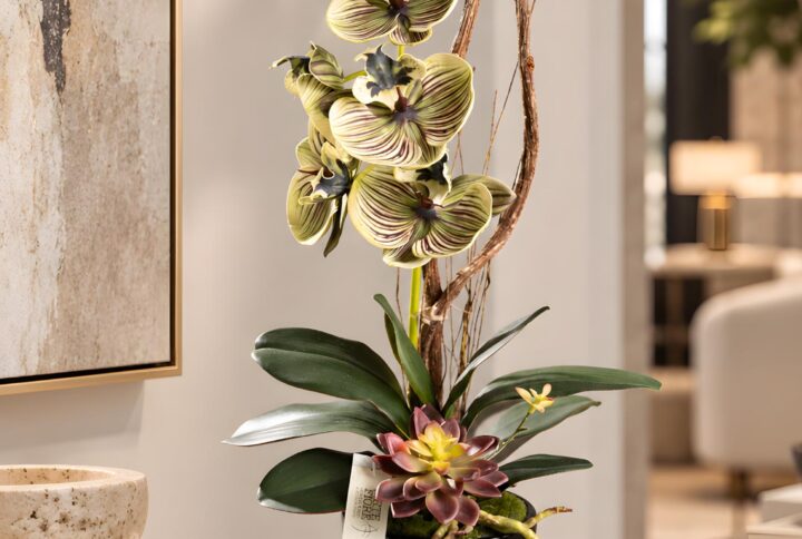 composizione con orchidea artificiale in vaso