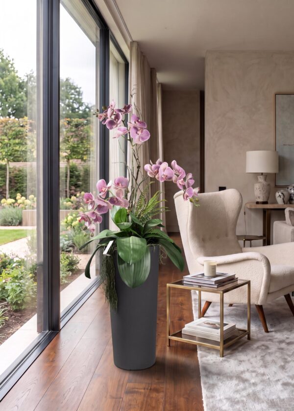 composizione verticale con Phalaenopsis artificiali e vaso alto