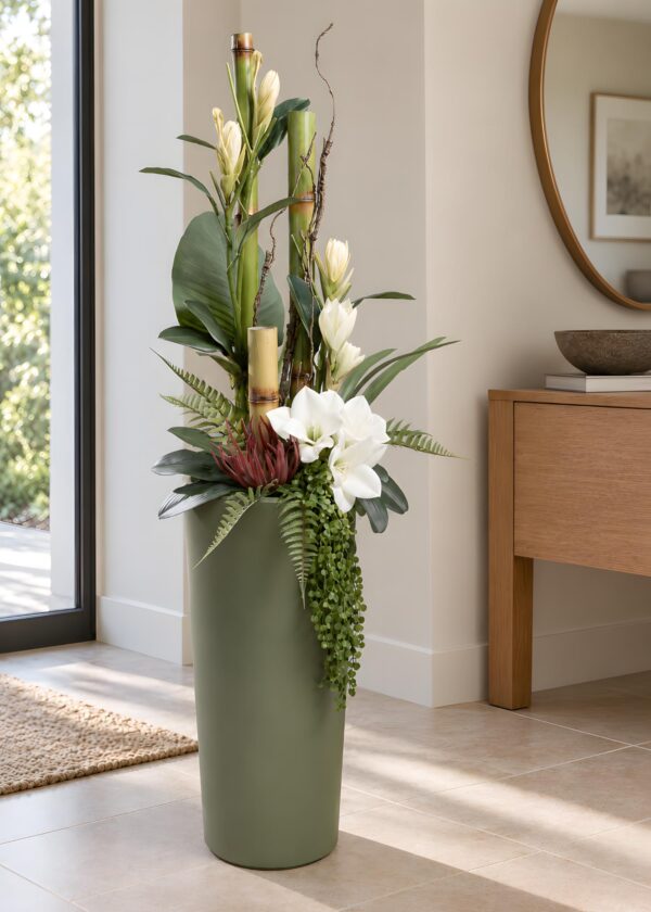 composizione di fiori artificiali da terra ambientata con vaso alto