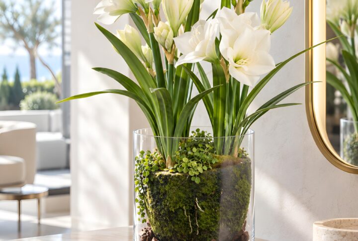 composizione fiori finti in vaso di vetro con Amaryllis bianchi