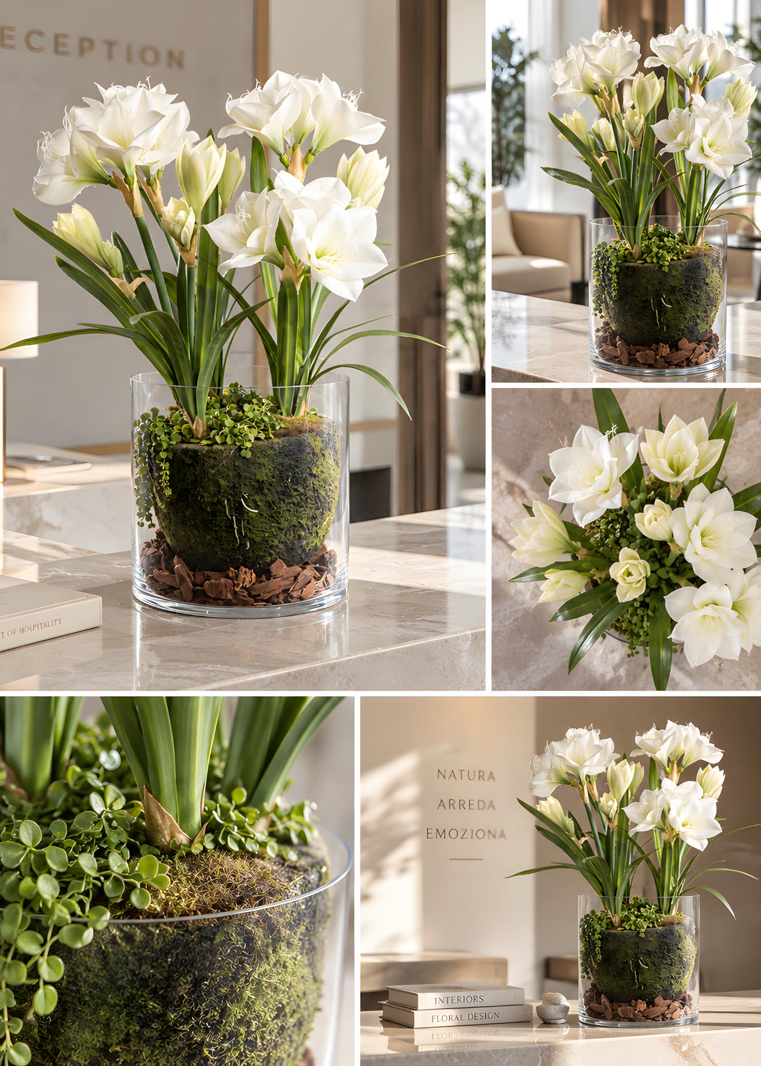 Amaryllis artificiali bianchi in vaso di vetro – Vista laterale