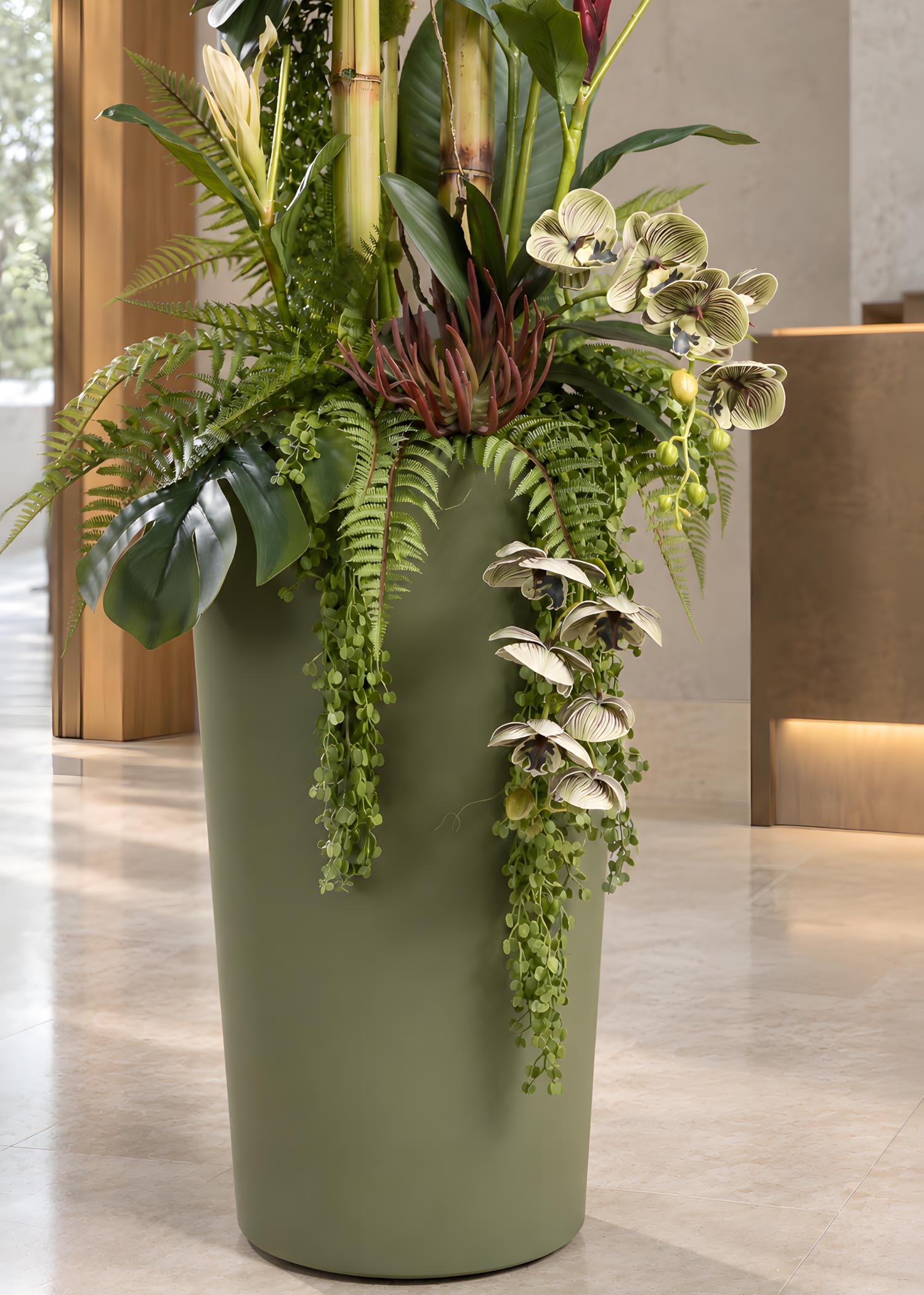 composizione floreale artificiale alta Arte Fiore dettaglio orchidee e vaso