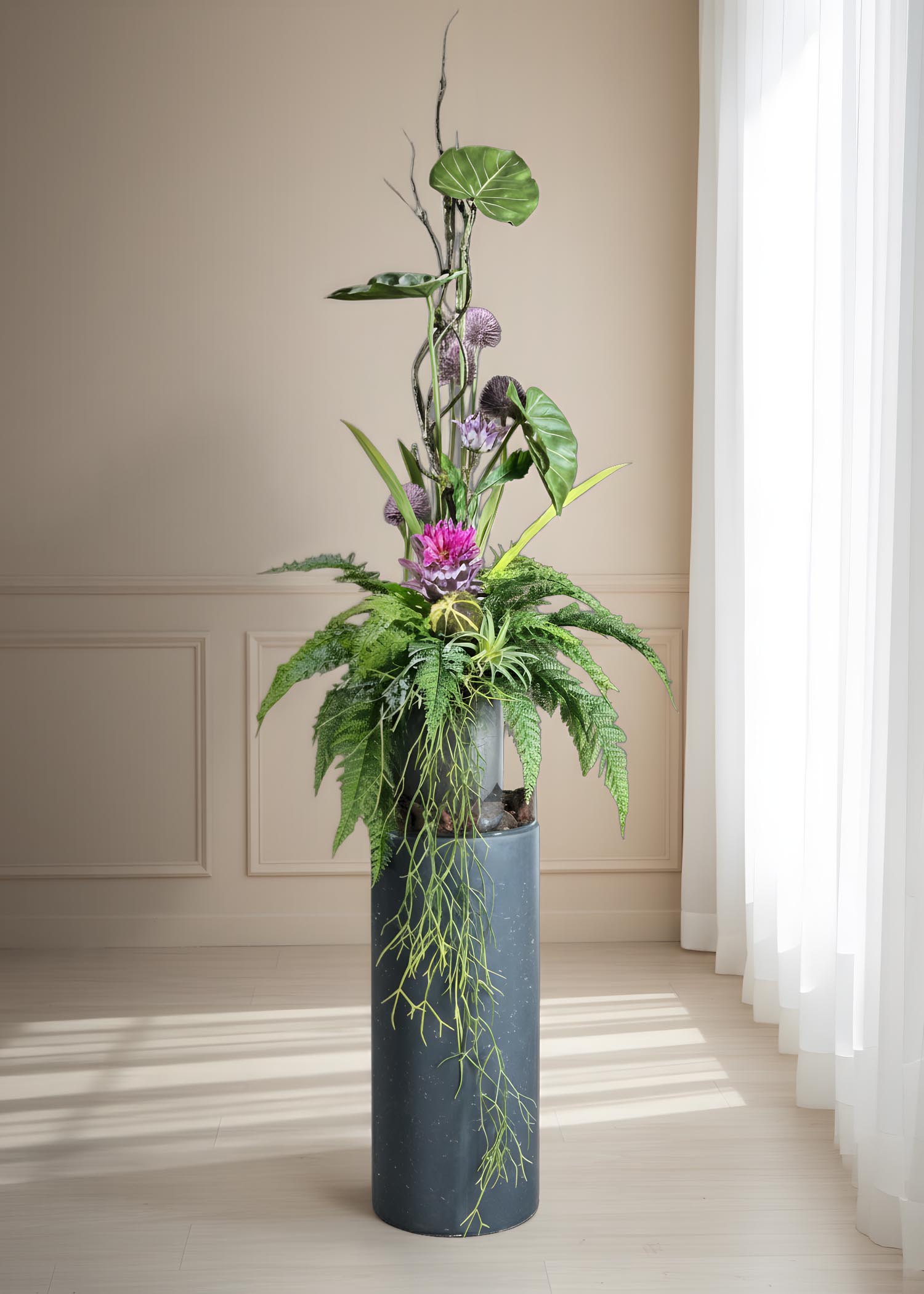 composizione floreale artificiale vaso alto piante arte fiore 01