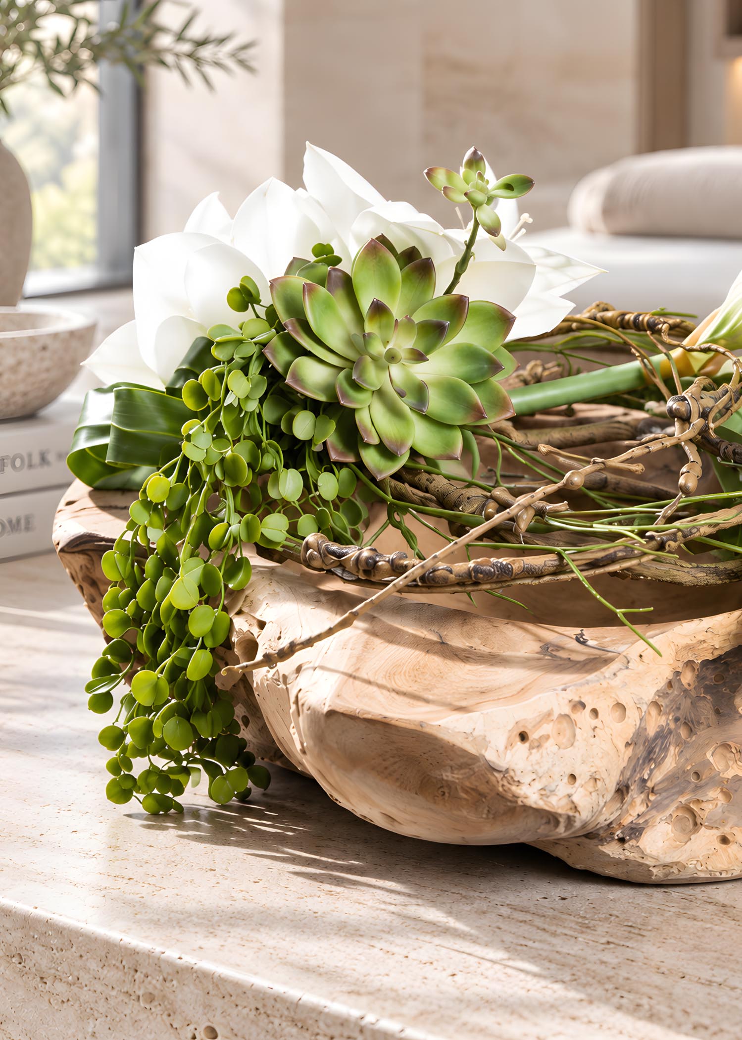 Composizione di fiori artificiali con vaso in legno di teak