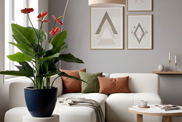 Vista ambientata in soggiorno moderno – pianta artificiale decorativa posta vicino a divano e vetrata luminosa