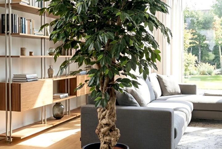Vista frontale del Ficus Artificiale – Ficus Artificiale su Tronco Particolare posizionato in un soggiorno moderno e luminoso, accanto a un divano grigio