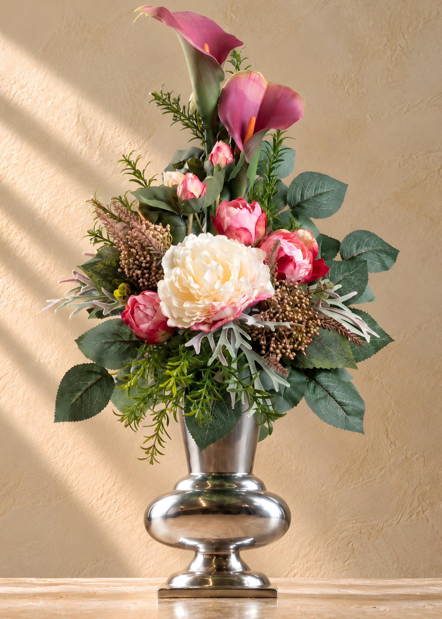 mazzi di fiori finti per cimitero rosa e crema vista frontale