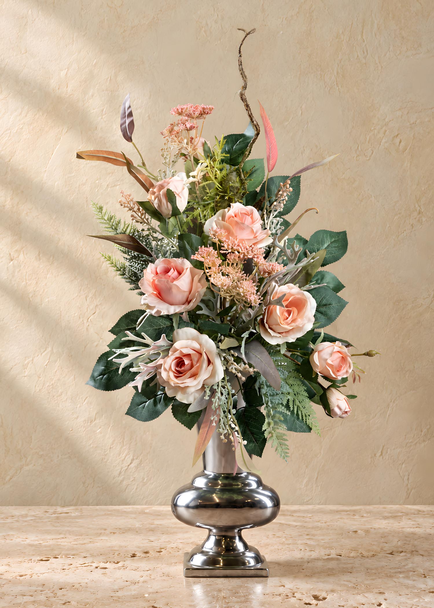 Mazzo con rose per cimitero rosa pesca – vista completa