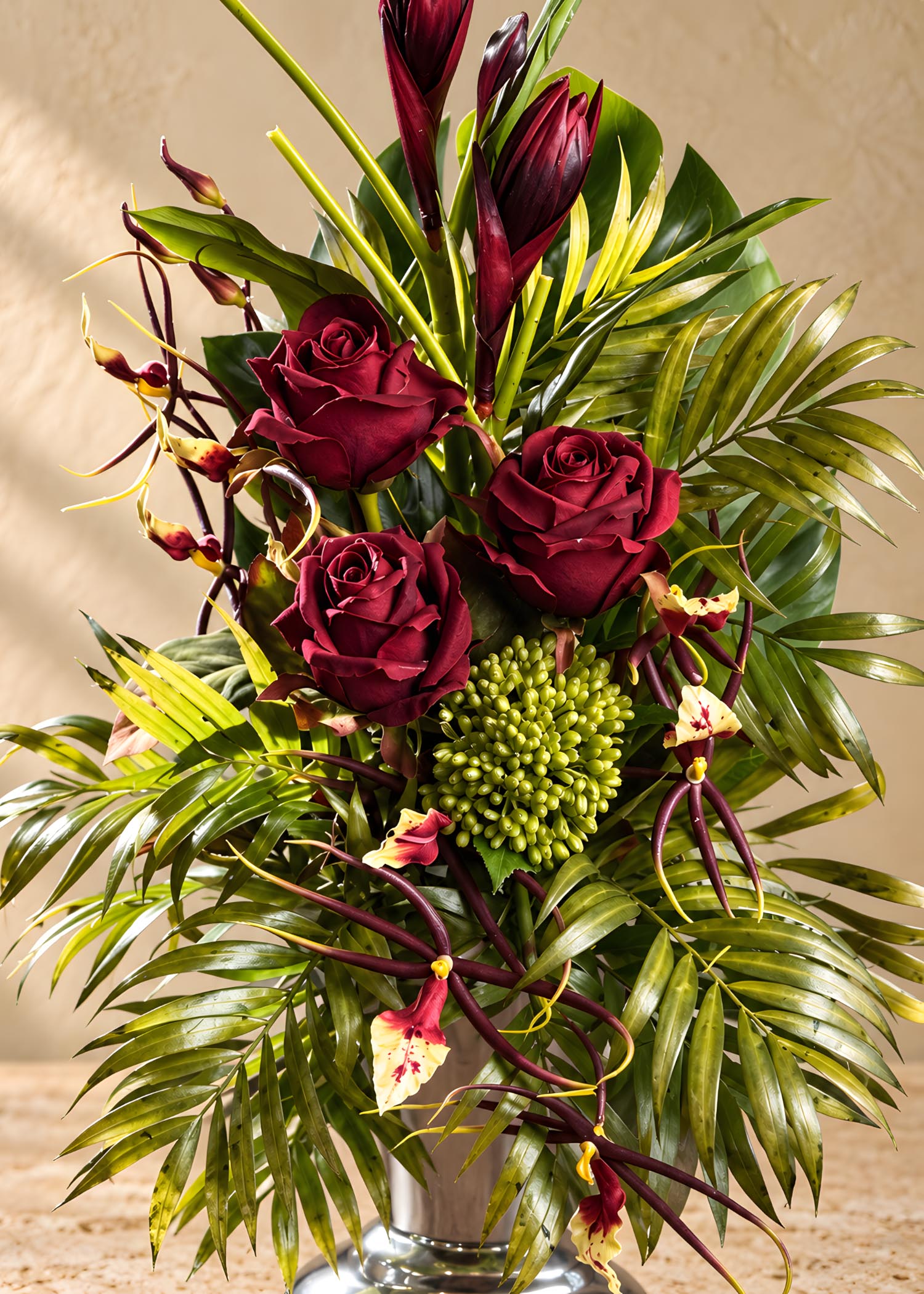 Composizione per loculo bordeaux tropicale Arte Fiore dettaglio floreale
