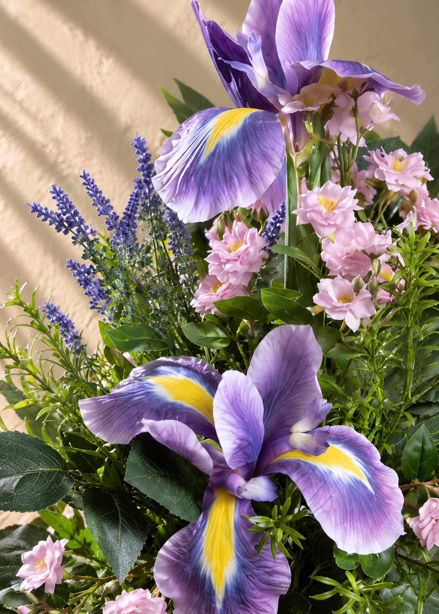 mazzo fiori artificiali per loculo lilla e rosa dettaglio iris