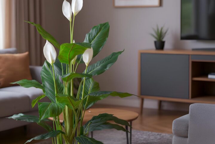 Pianta di Spatifillo artificiale in immagine ambientata, inserita in un contesto d’arredo moderno con poltrona e decorazioni naturali